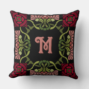 Monogrammed Goth Art Nouveau Rose and Dahlia Reds Cushion