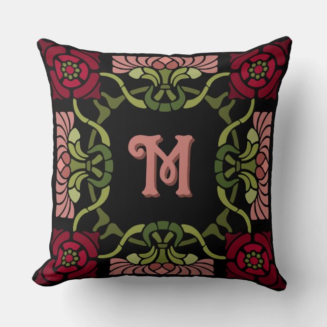 Monogrammed Goth Art Nouveau Rose and Dahlia Reds Cushion (Front)