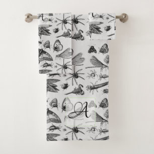 Monogrammed GOTHIC BUGS Vintage Ink Insects Black Bath Towel Set