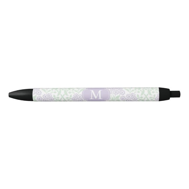 Monogrammed Green and Lavender Floral Damask Black Ink Pen (Front)