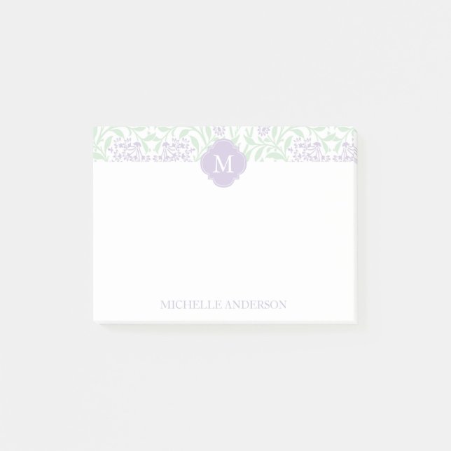 Monogrammed Green and Lavender Floral Damask Post-it Notes (Front)