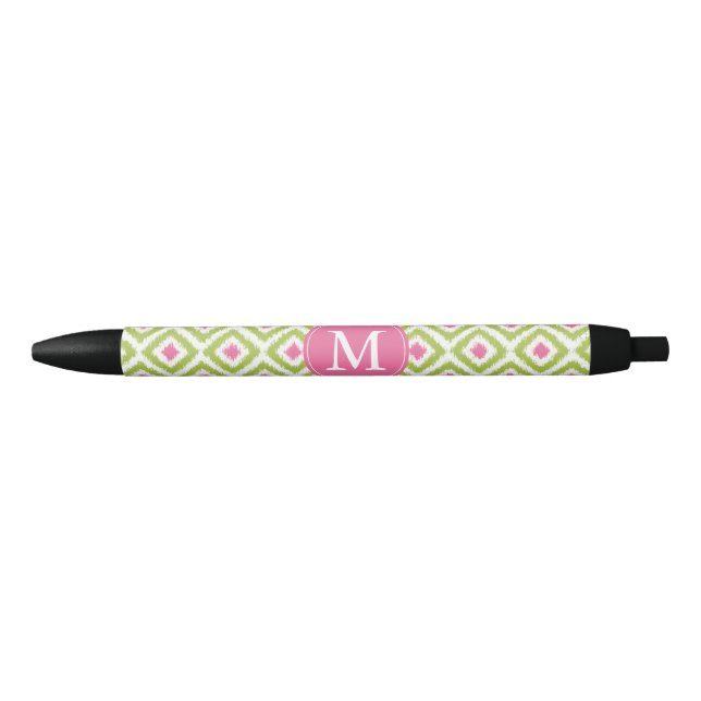Monogrammed Green and Pink Diamonds Ikat Pattern Black Ink Pen (Front)