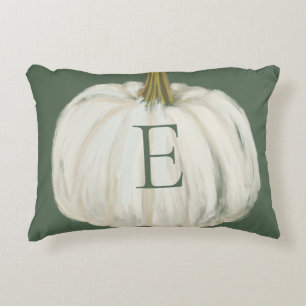 Monogrammed Green and White Fall Pumpkin Decorative Cushion