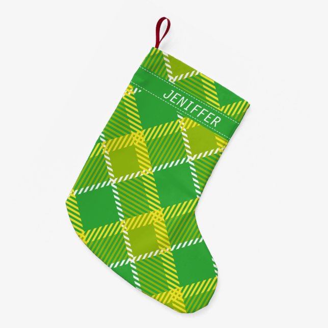 Monogrammed Green And Yellow Plaid Small Christmas Stocking (Front (Hanging))