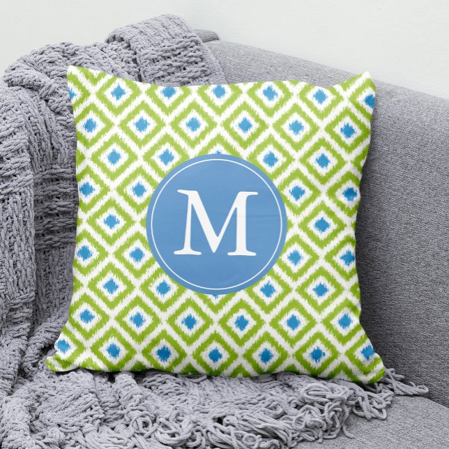 Monogrammed Green Blue Diamonds Ikat Pattern Cushion (Creator Uploaded)