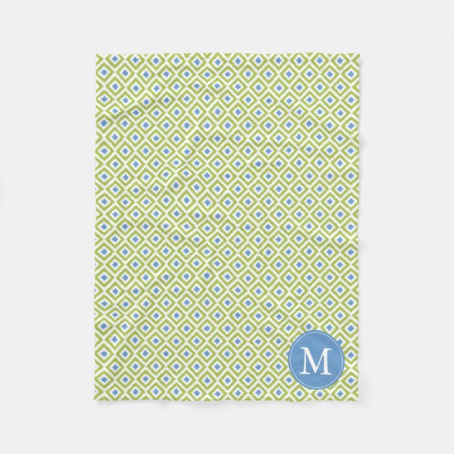 Monogrammed Green Blue Diamonds Ikat Pattern Fleece Blanket (Front)