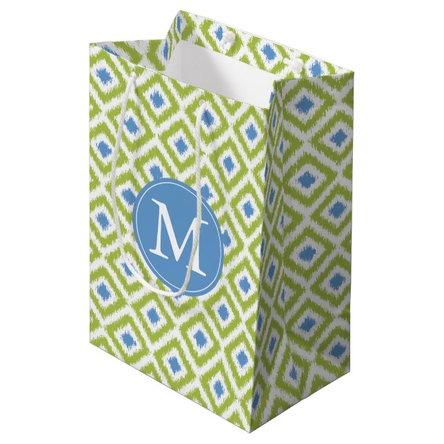 Monogrammed Green Blue Ikat Pattern Medium Gift Bag (Front Angled)