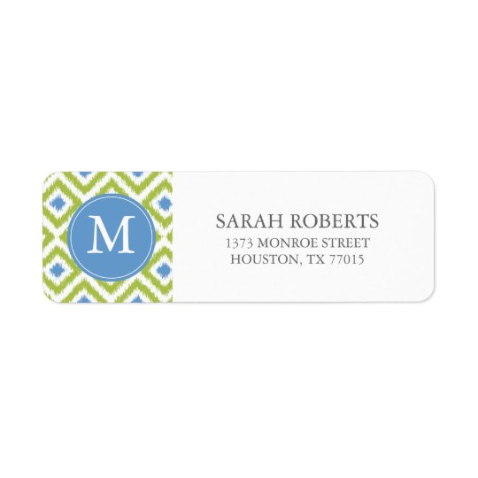 Monogrammed Green Blue Ikat Pattern Return Address Label