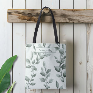 Monogrammed Green Botanical Pattern Tote Bag