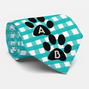 Monogrammed Green Chequered Pattern Pet Paw Print Tie