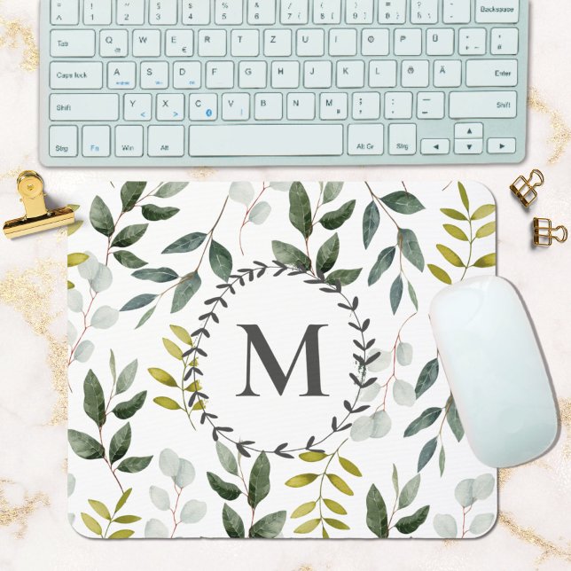 Monogrammed Green Eucalyptus Tropical Leaves Mouse Pad (In situ office desk)