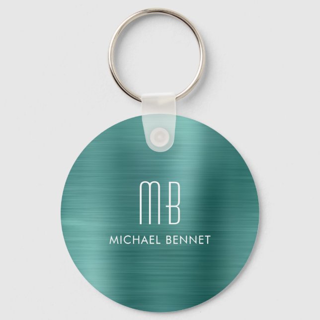 Monogrammed Green Faux Brushed Metal Key Ring (Front)