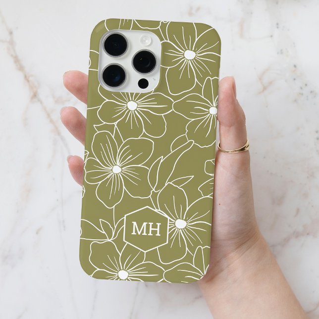 Monogrammed Green Floral Simple Line Art Pattern Case-Mate iPhone Case (Monogrammed Green Floral Simple Line Art Pattern Case-Mate iPhone Case)