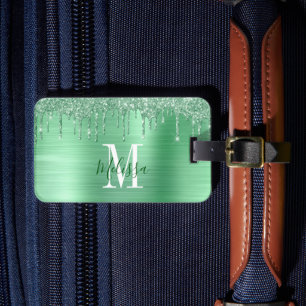 Monogrammed Green Glitter Drip Brushed Metal  Luggage Tag