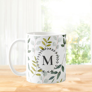 Monogrammed Green Leaves Pattern Coffee Mug