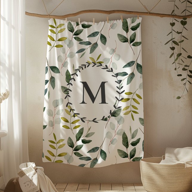 Monogrammed Green Leaves Watercolor Pattern Fleece Blanket (In situ)