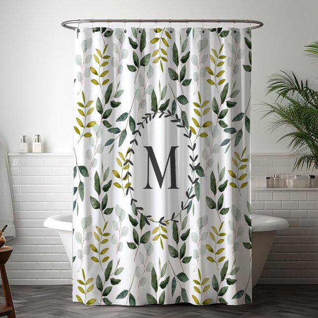 Monogrammed Green Leaves Watercolor Pattern Shower Curtain (In situ bathroom)