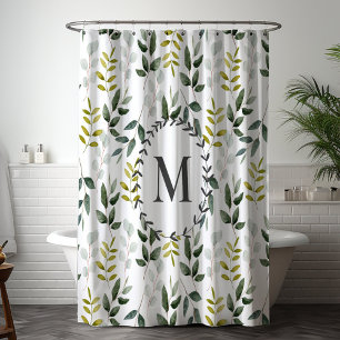 Monogrammed Green Leaves Watercolor Pattern Shower Curtain