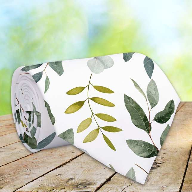 Monogrammed Green Leaves Watercolor Pattern Tie (Close up)