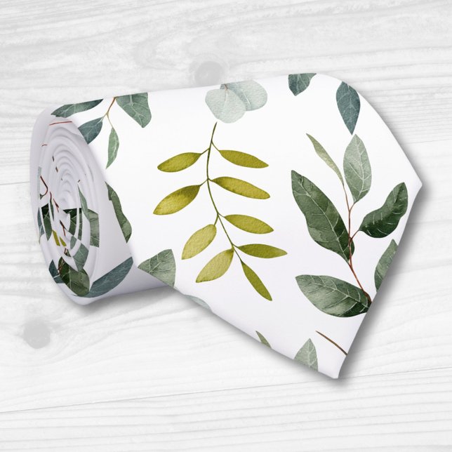 Monogrammed Green Leaves Watercolor Pattern Tie (Creator Uploaded)