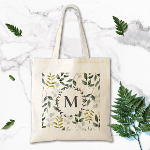 Monogrammed Green Leaves Watercolor Pattern Tote Bag