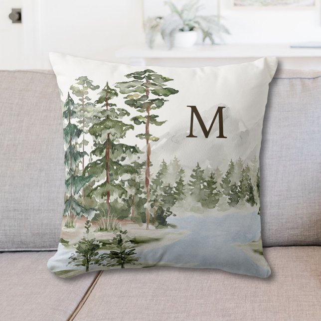 Monogrammed Green Pine Forest and Lake Cushion (In situ)