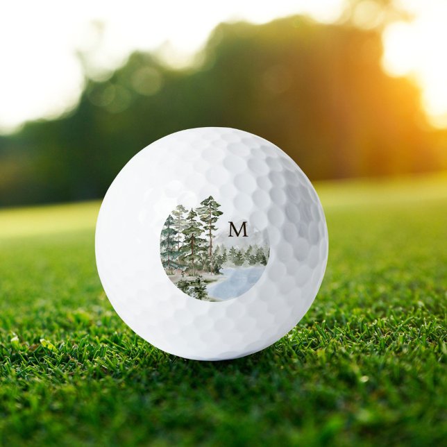 Monogrammed Green Pine Forest and Lake Golf Balls (In situ)