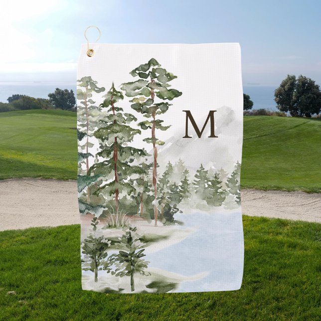 Monogrammed Green Pine Forest and Lake Golf Towel (In situ)