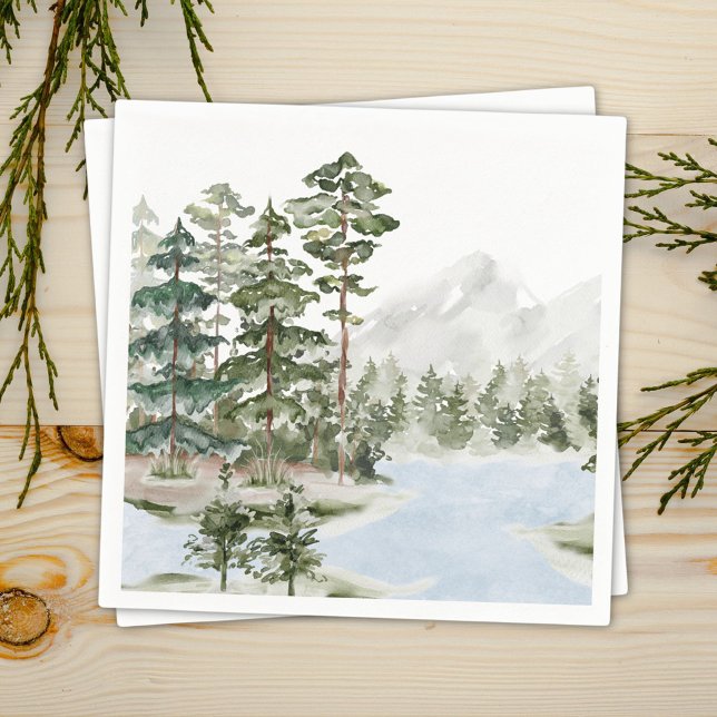 Monogrammed Green Pine Forest and Lake Napkin (In situ)