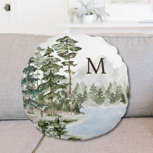 Monogrammed Green Pine Forest and Lake Round Cushion
