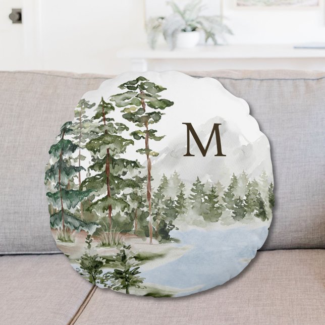 Monogrammed Green Pine Forest and Lake Round Cushion (In situ)
