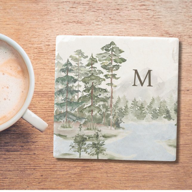 Monogrammed Green Pine Forest and Lake Stone Coaster (In situ)