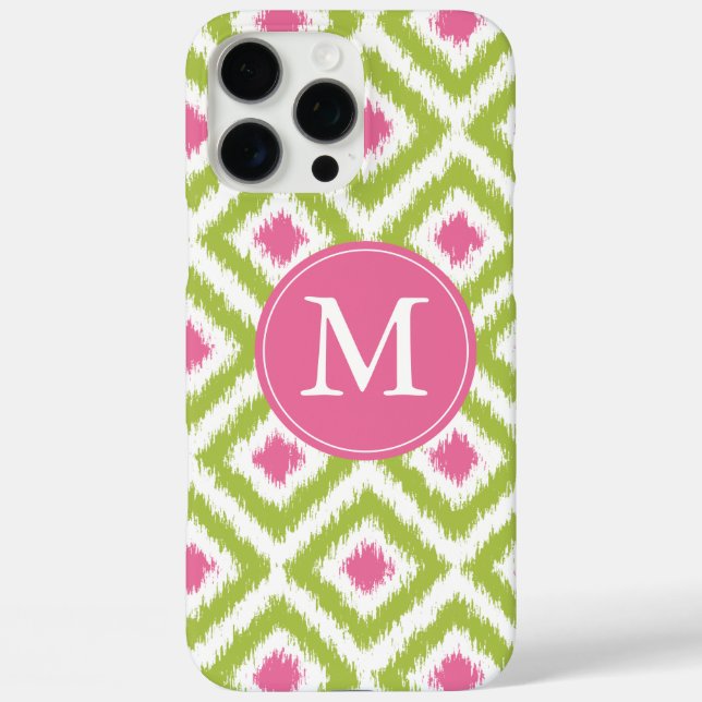 Monogrammed Green Pink Diamond Ikat Pattern Case-Mate iPhone Case (Back)