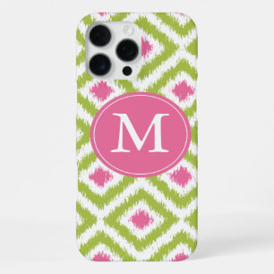 Monogrammed Green Pink Diamond Ikat Pattern iPhone Case