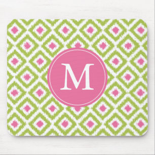 Monogrammed Green Pink Diamonds Ikat Pattern Mouse Pad
