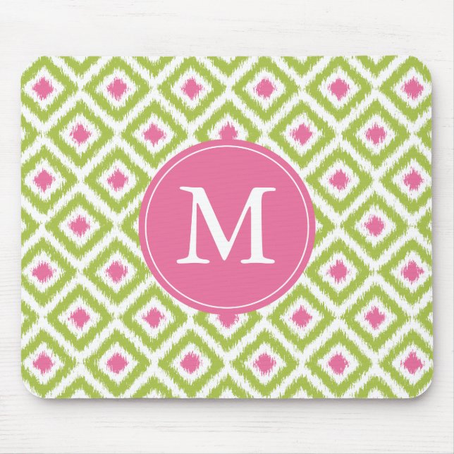 Monogrammed Green Pink Diamonds Ikat Pattern Mouse Pad (Front)