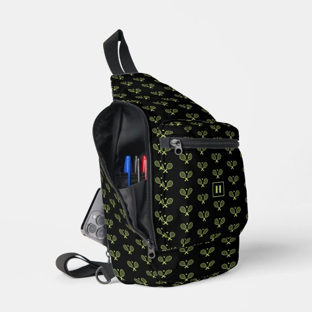 Monogrammed Green Tennis Racket Pattern Sling Bag (Open)