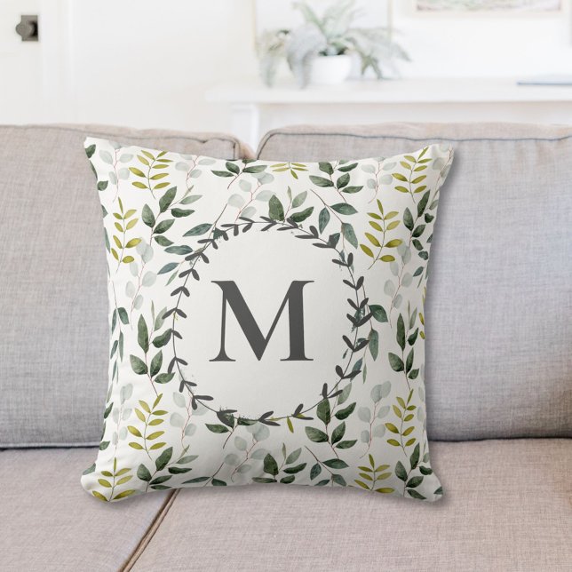 Monogrammed Green Tropical Eucalyptus Pattern Cushion (In situ)