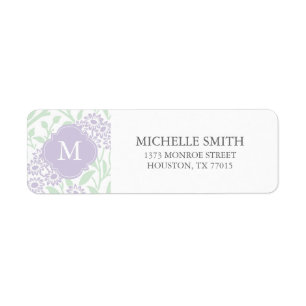 Monogrammed Green Violet Floral Damask Pattern Return Address Label