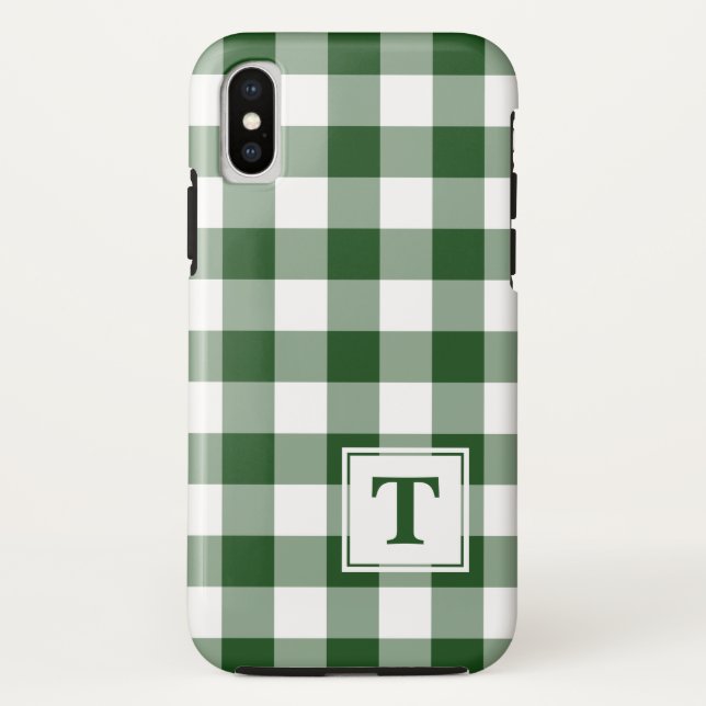 Monogrammed Green White Buffalo Check Pattern Case-Mate iPhone Case (Back)