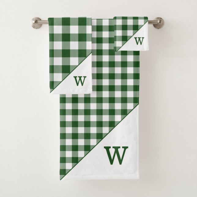 Monogrammed Green White Buffalo Plaid Pattern Bath Towel Set (Insitu)
