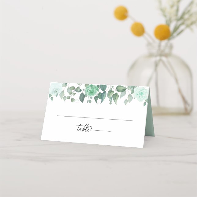 Monogrammed Greenery Flowers Wedding Place Card (Front)