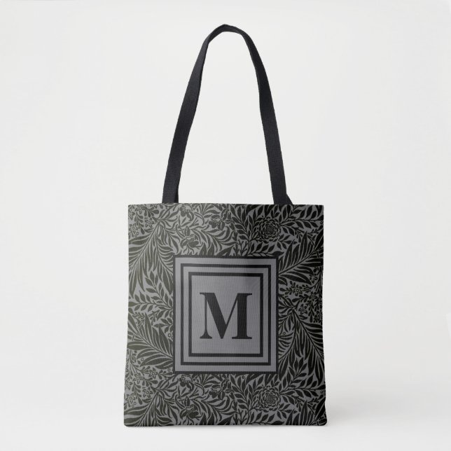 Monogrammed Grey and Black William Morris Foliage Tote Bag (Front)