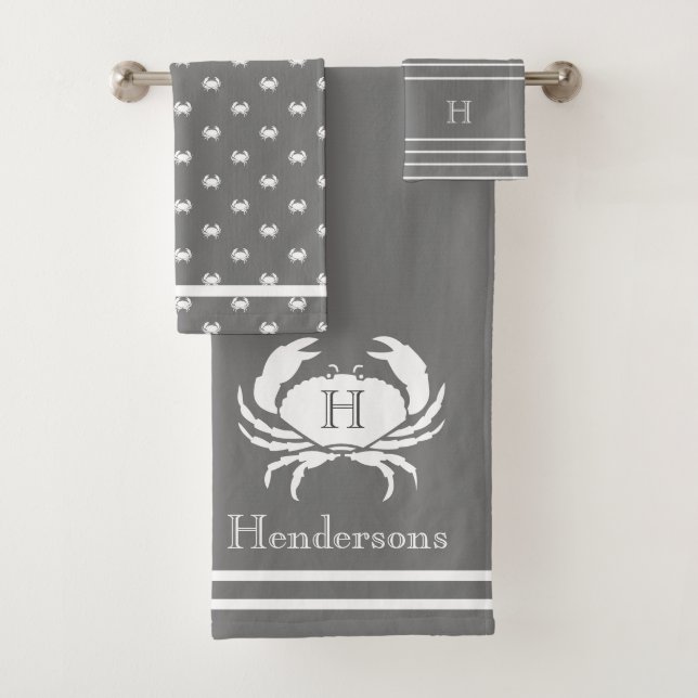 Monogrammed Grey and White Crab Nautical coastal Bath Towel Set (Insitu)