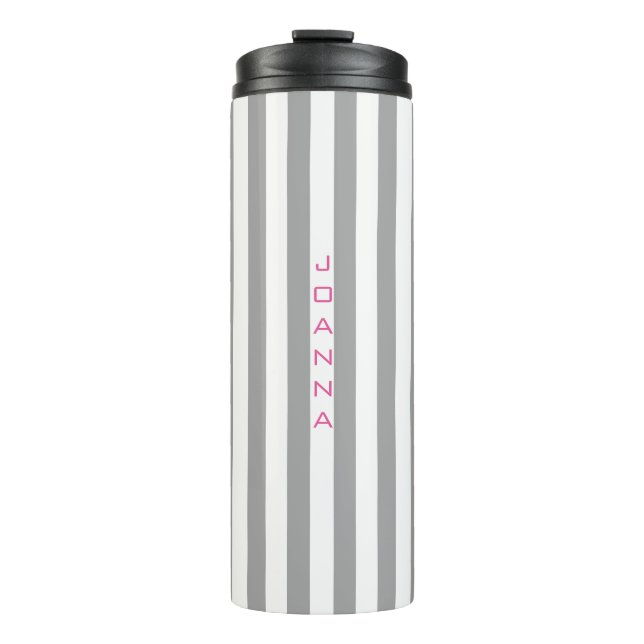 Monogrammed Grey And White Stripes Thermal Tumbler (Front)
