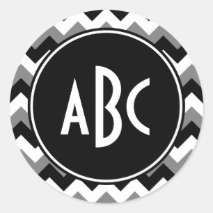 Monogrammed Grey Black and White Zigzag Classic Round Sticker