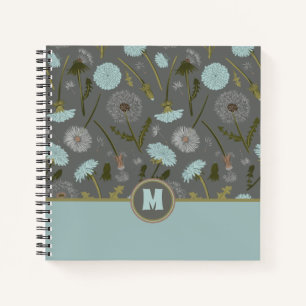 Monogrammed Grey Blue Dandelion Flowers Notebook