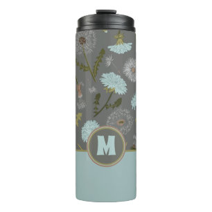 Monogrammed Grey Blue Dandelion Flowers Thermal Tumbler