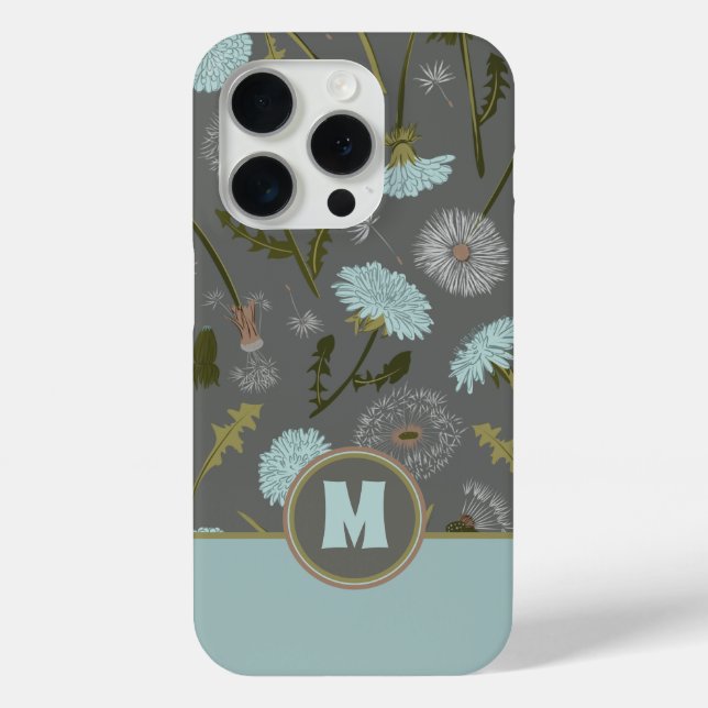 Monogrammed Grey Blue Dandelion Whimsical Flowers Case-Mate iPhone Case (Back)