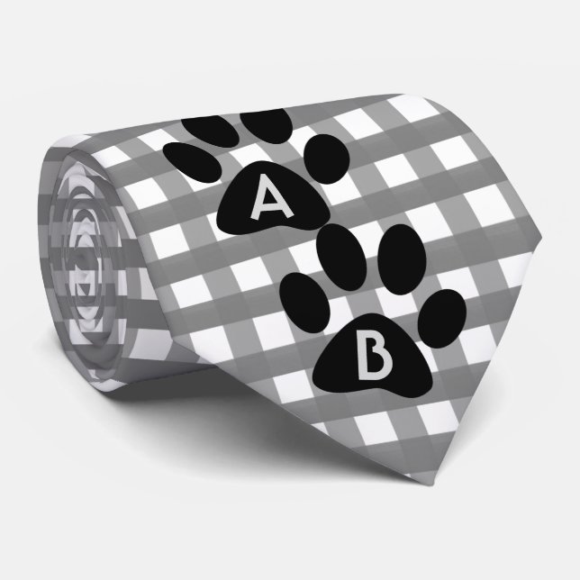 Monogrammed Grey Chequered Pattern w Pet Paw Print Tie (Rolled)